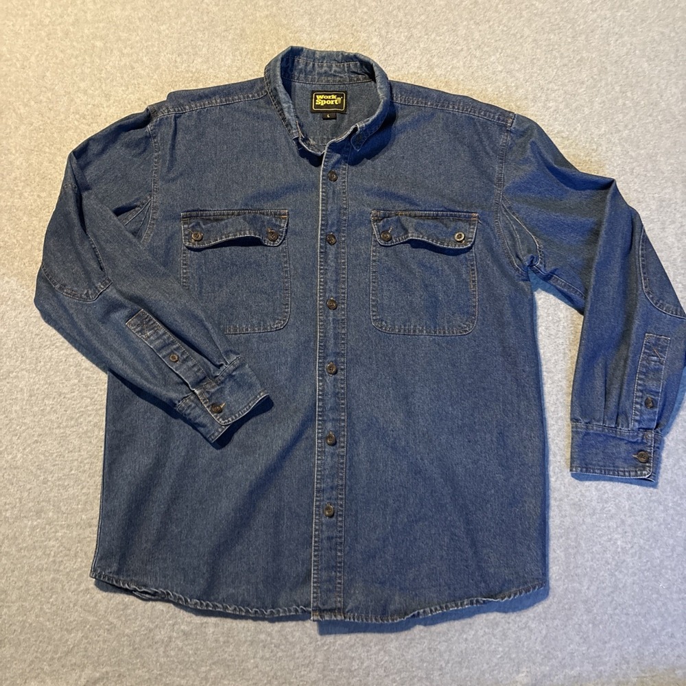Work‎ N Sport Men's Denim Blue Long Sleeve Button Down Sz L With Elbow Pads